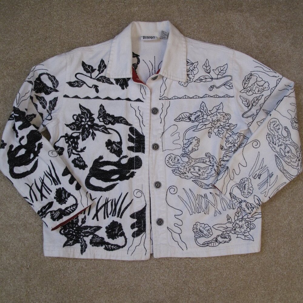 CHICO'S Black Embroidery White Denim Jacket 80s 90s Y2K